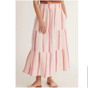 Marine Layer Skirt Womens Small Pink Corinne Tiered Maxi Double Cloth